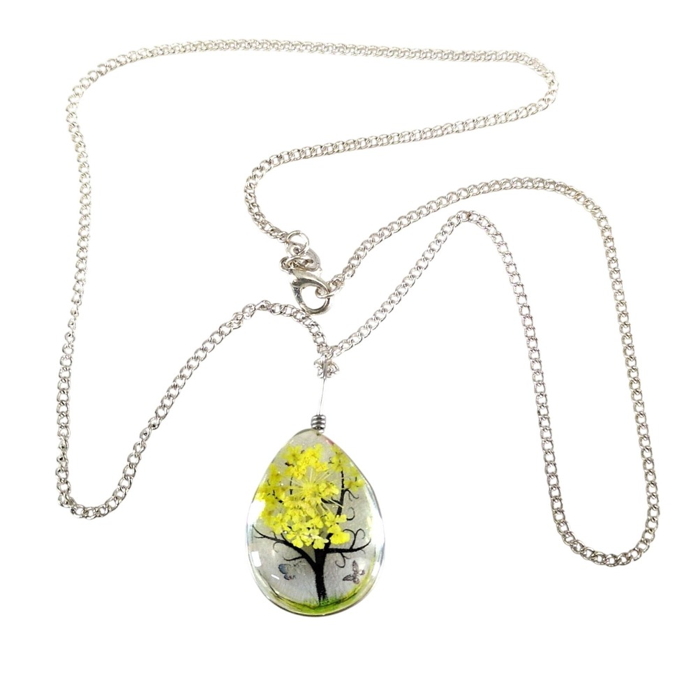 Resin Tree of Life Butterfly Flower Pendant Necklace Silver Tone 18" Chain